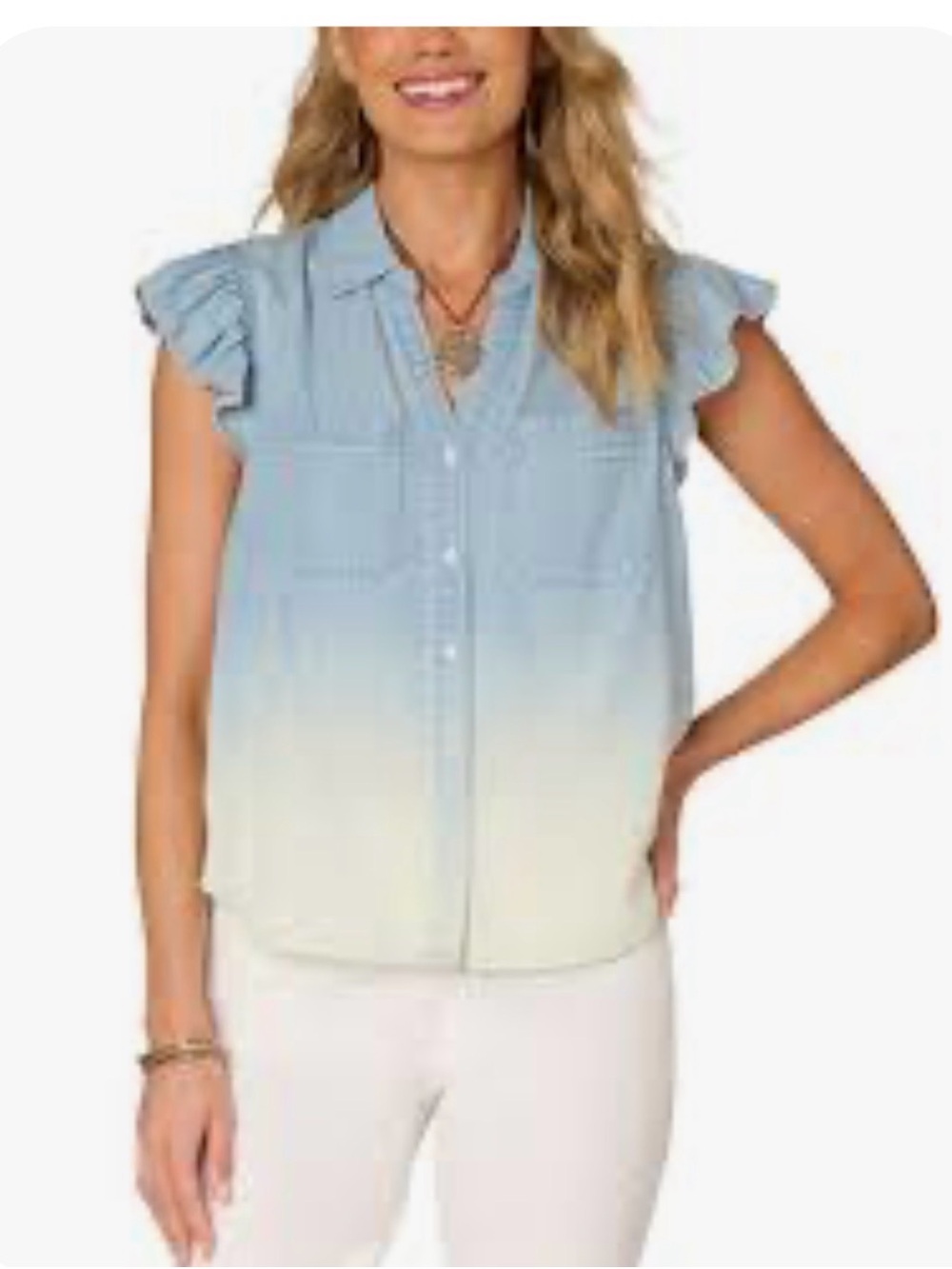 Democracy Xl Light Ombre Flutter Sleeve Women V neck boho shabby chic Top